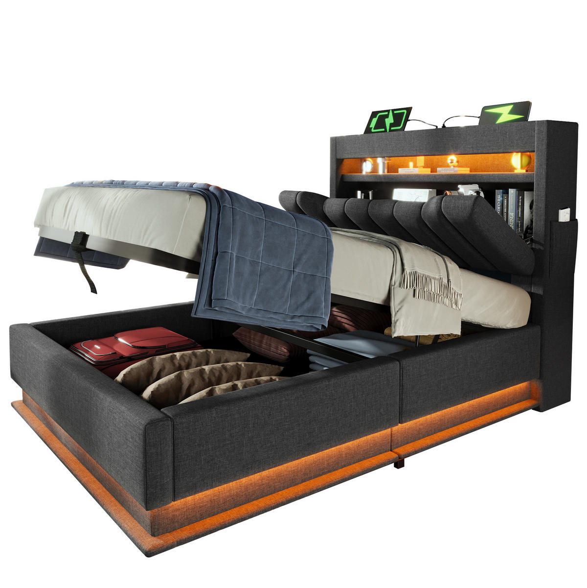 POLSTERBETT 90/200 cm Grau mit Stauraum, LED und USB- und Type-C-Anschlüssen - Grau, Textil (90/200cm) - Flora Grace