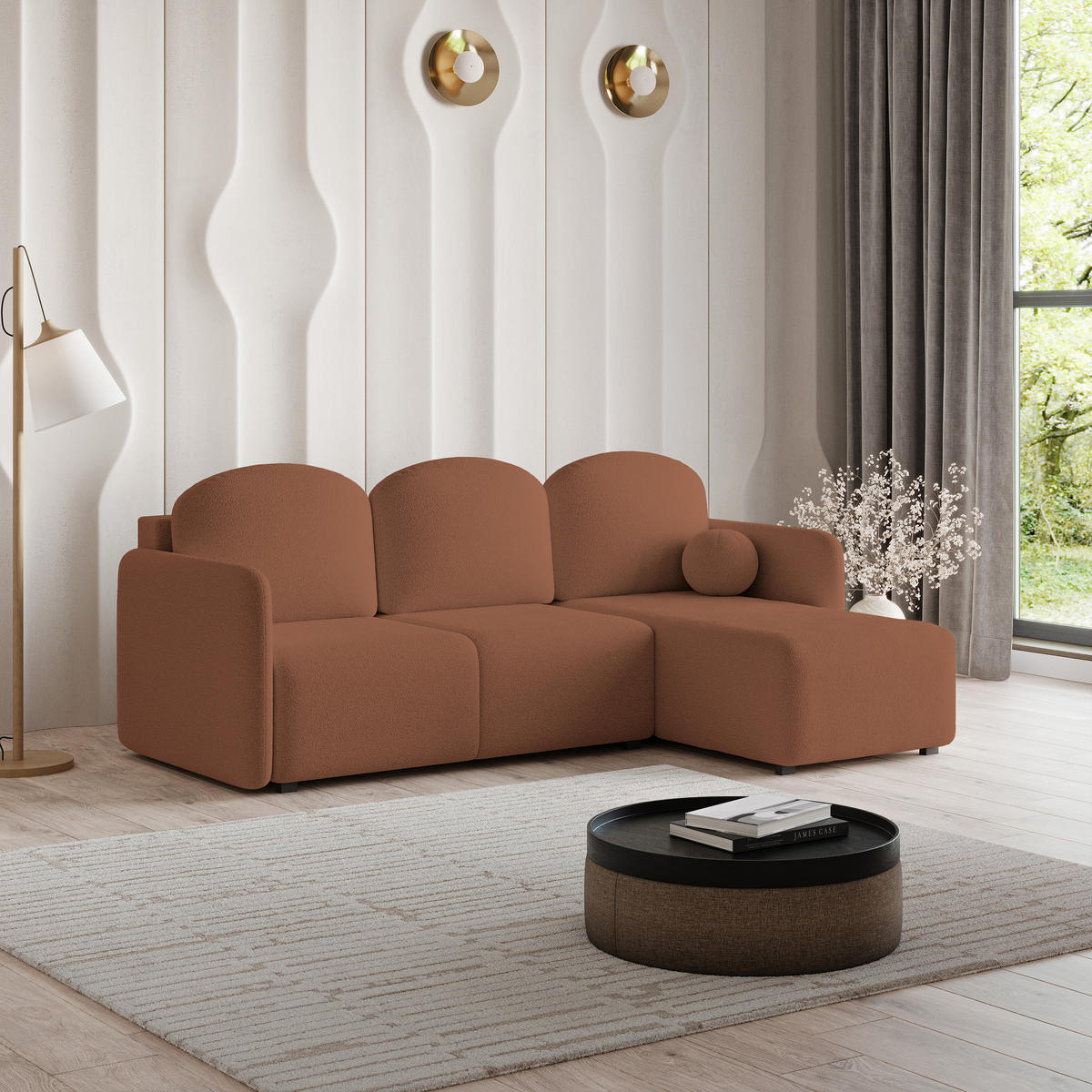 ECKSOFA SUVINO Kupferfarben Boucle-Stoff mit Schlaffunktion - Kupferfarben, Holz (230/143cm) - MASSENO