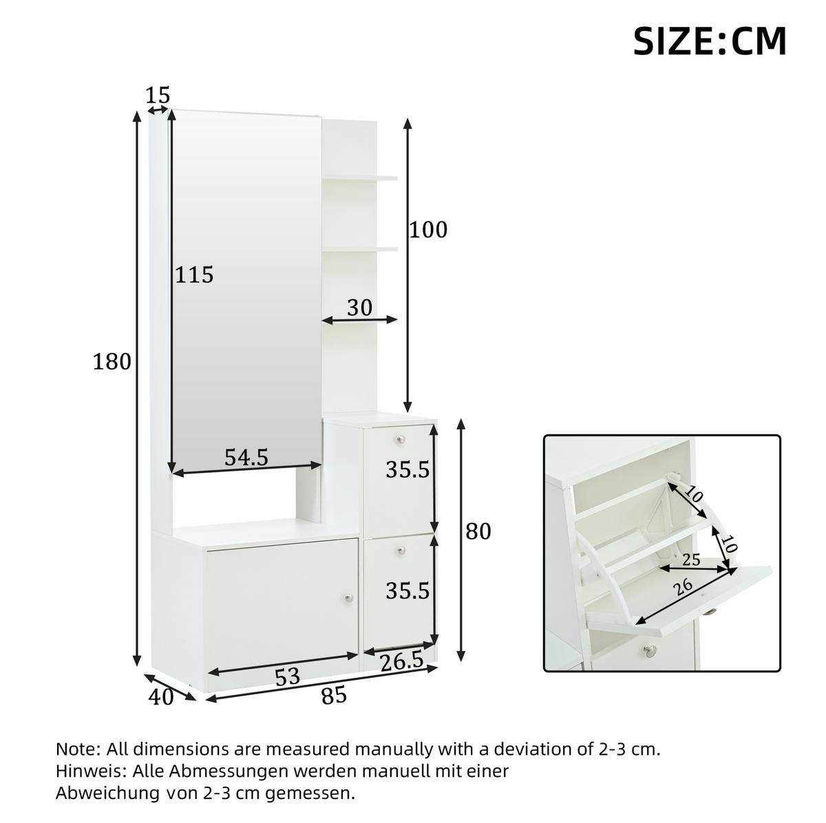 FLURSCHRANK 85/40/180 cm mit Spiegel, 2 Schuhschränken, 5 offenen Ablagen und Spanplatte, Weiß - Weiß, Holzwerkstoff (85/180/40cm) - Redom