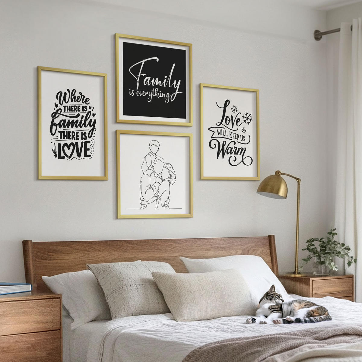 WANDBILDER 4er Set - 50x50 cm & 40x60 cm Goldrahmen - Familie, Liebe, Wärme, Zuhause - Goldfarben, Kunststoff (50/50cm) - ArtPrintCave