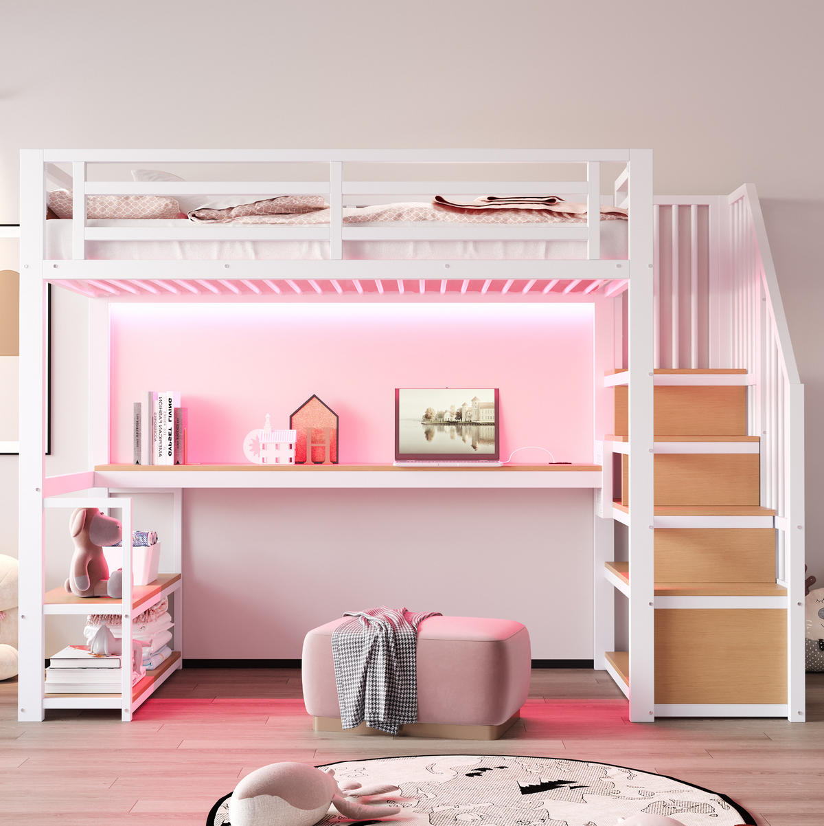 VISOKA postelja 90/200 cm bela z mizo, policami in stopnicami za shranjevanje iz kovine in MDF - bela, leseni material (90/200cm) - OKWISH