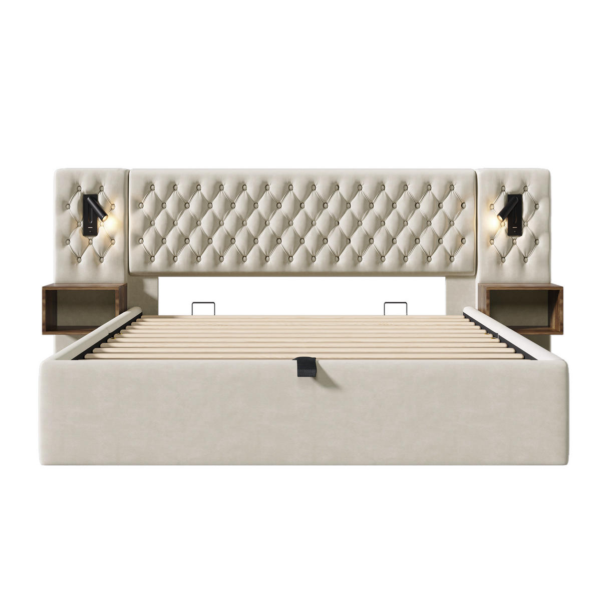 SAMT-POLSTERBETT 160/200 cm mit Bettkasten, Nachttischen und Leselicht in Beige - Beige, Textil (160/200cm) - BEAOK
