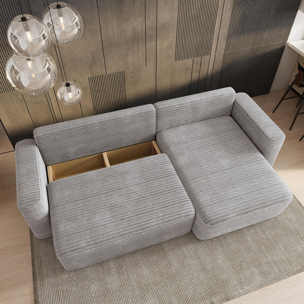 ECKSOFA TELIN Hellgrau Kordstoff mit Schlaffunktion - Hellgrau, Holz (280/162cm) - MASSENO