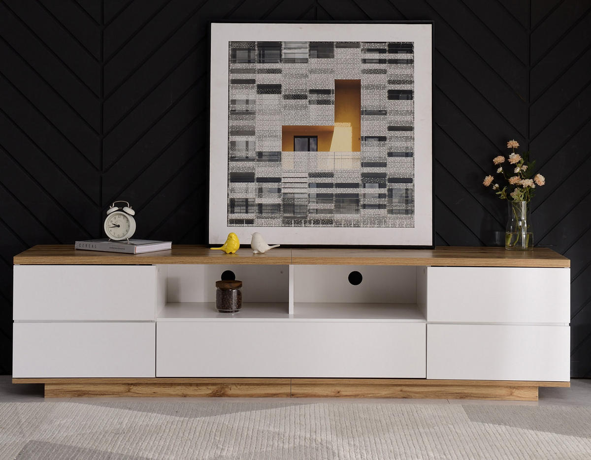 TV-LOWBOARD aus MDF 180x38x46 cm Weiß/Holzfarben mit 5 Türen und 2 offenen Fächern im Gitterdesign - Weiß, Holzwerkstoff (180/46/38cm) - Modfu