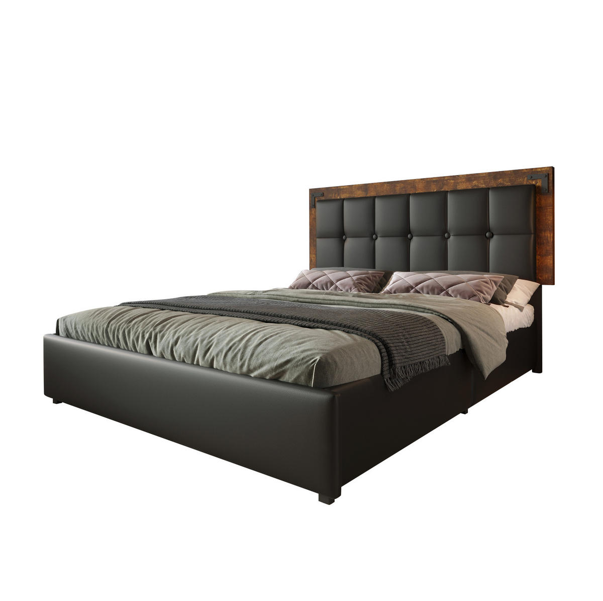 POLSTERBETT 160/200 cm mit LED-Beleuchtung, 4 Schubladen & höhenverstellbarem Kopfteil,Schwarz - Schwarz, Kunststoff (160/200cm) - Redom