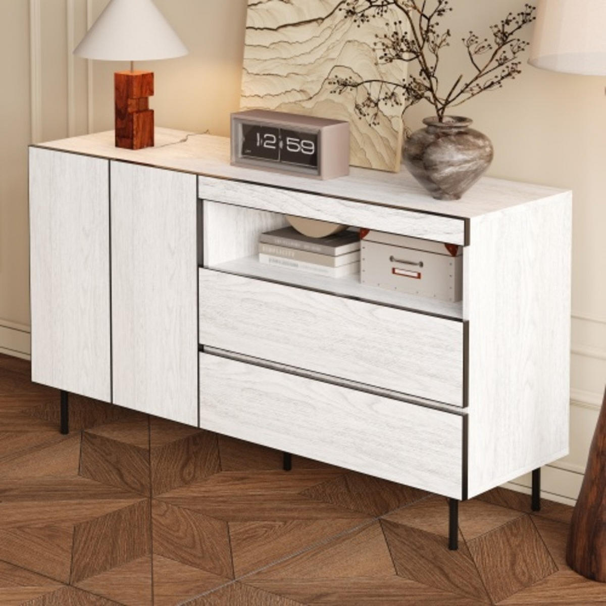 SIDEBOARD Weiß mit Doppeltüren und Schubladen 140×42×77 cm aus Spanplatte - Weiß, Holzwerkstoff (140/77/42cm) - Luhomfu