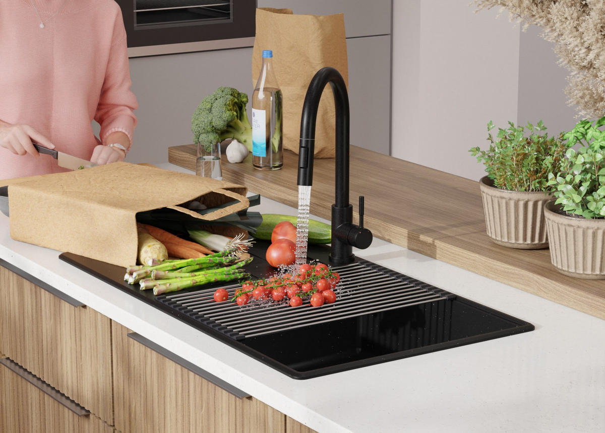 SPÜLBECKEN Kopenhagen, 2-er set Schwarz Metallic 90/50 cm 1 Becken + Ablauf-Set + Schneidebrett ab 60er Unterschrank - Chromfarben/Schwarz Hochglanz, Kunststoff (90/20/50cm) - Primagran