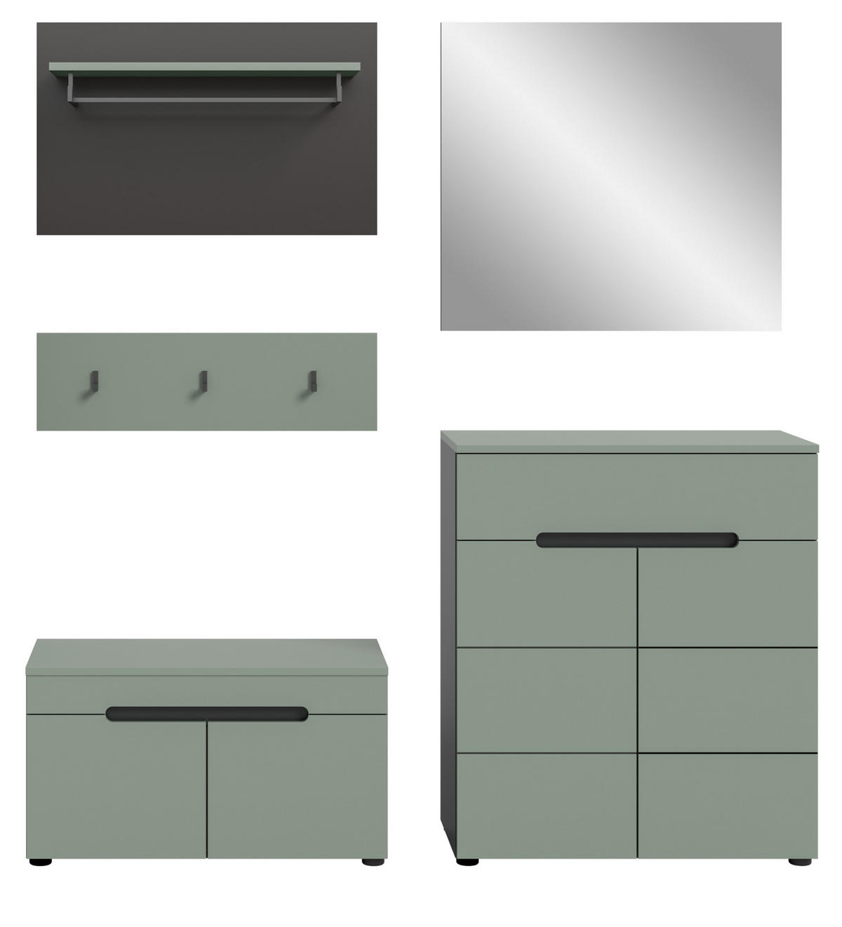 GARDEROBE SET 5-teilig in Salbei Grün und Basalt Grau 175 cm, Soft-Close Cooper - Salbeigrün/Schwarz, Glas/Holzwerkstoff (175/190/37cm) - Inn.Furn