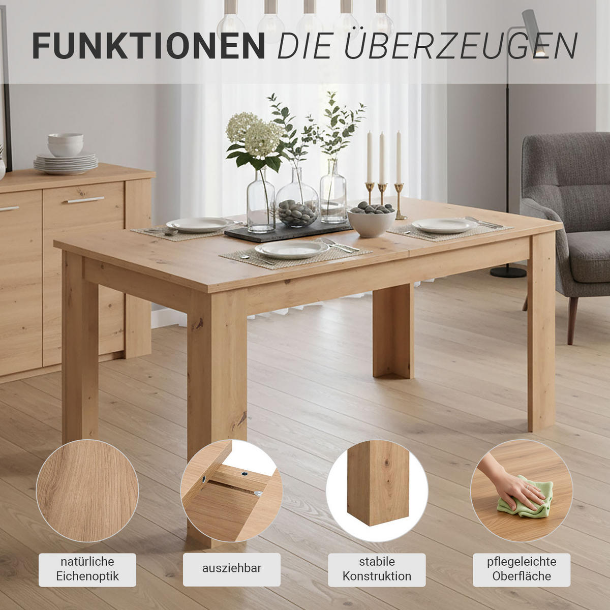 ESSTISCH in Naturholz 120-160/80/76 cm ausziehbar - Naturfarben, Holz (80/120/75cm) - Homestyle4u