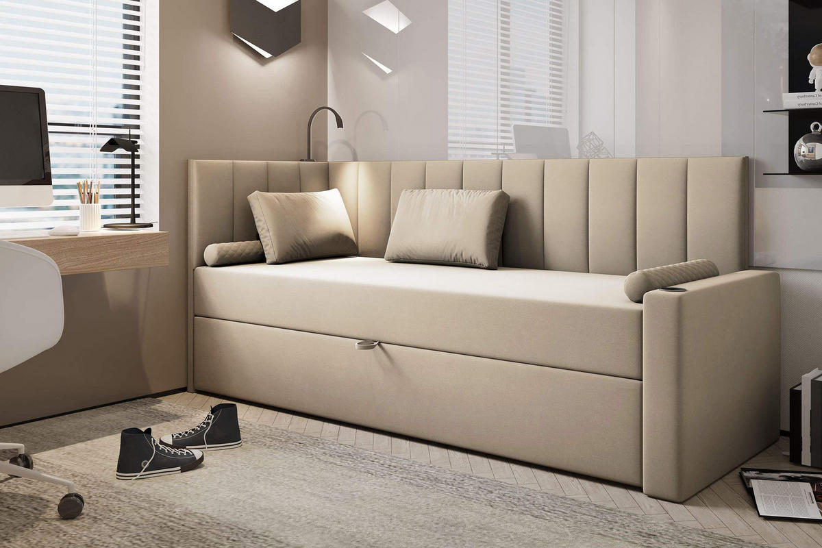 JUGENDBETT, 80 x 200 cm, Tokio, Bett mit Bonellmatratze H3 und Bettkasten, Einzelbett, Beige - Beige, Holzwerkstoff/Kunststoff (80/200cm) - Trada