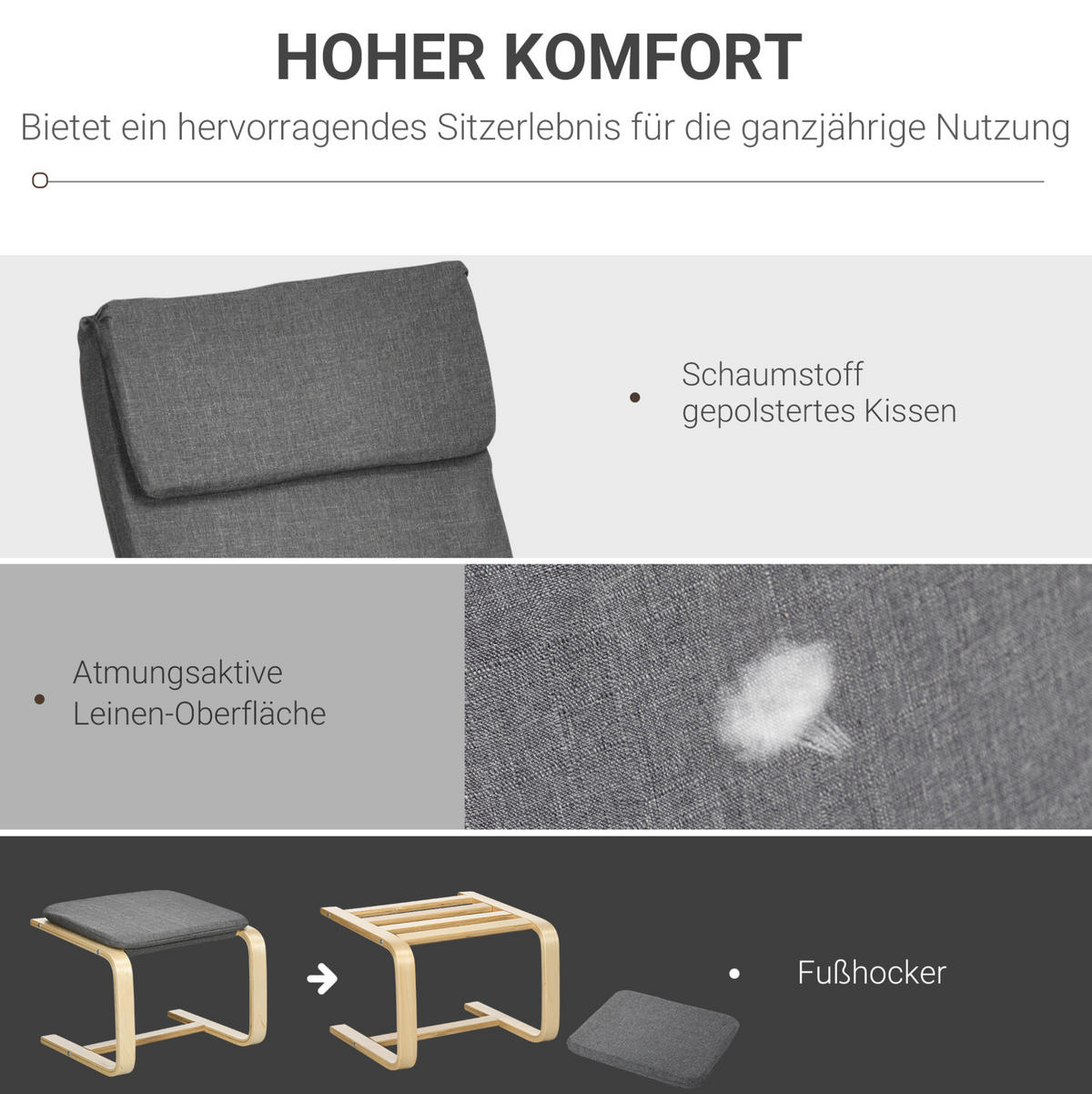 LOUNGESESSEL mit Fußhocker Leinenoptik, Holzgestell 66,5/80/99 cm Grau - Grau, Textil (80/99/66.5cm) - Redom