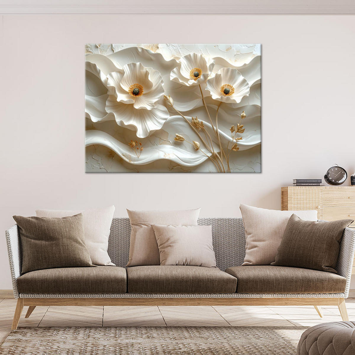WANDBILD, Weiße Blüten auf welligem Hintergrund - Weiß, Textil (100/70cm) - Feeby