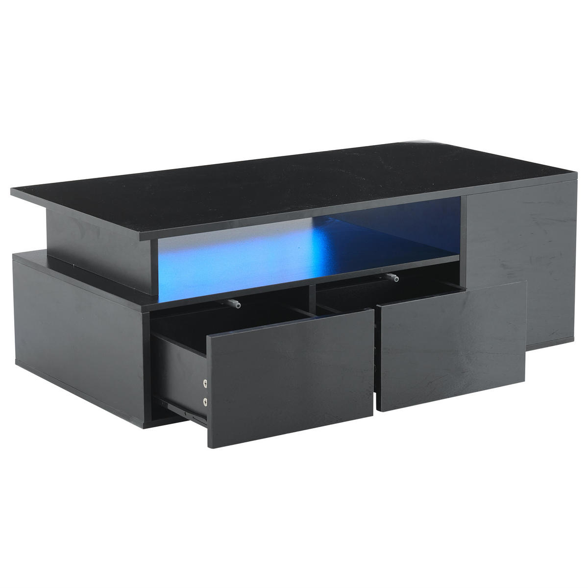 COUCHTISCH LED mit App-Steuerung Hochglanz Oberfläche Schwarz mit Doppelschubladen 60 kg Tragkraft - Schwarz, Holzwerkstoff/Metall (100/50/35cm) - EVRYAE