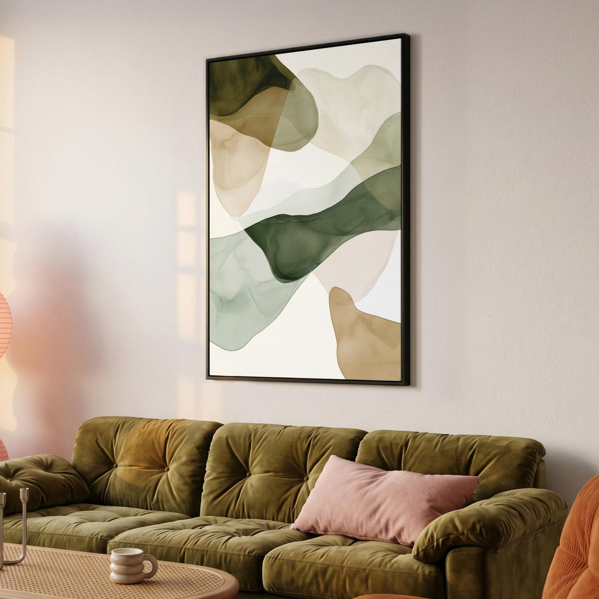 LEINWAND Bilder mit Rahmen - Japandi - Abstrakt - Grün - 80x120 - Salbeigrün, Textil (80/120cm) - MuchoWow