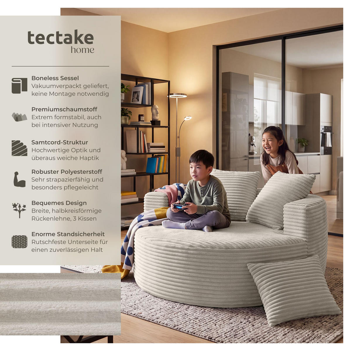 RELAXSESSEL Love, Ø 127 x 60 cm, mit 3 Kissen, Samtcord beige - Beige, Kunststoff/Textil (127/60/127cm) - tectake