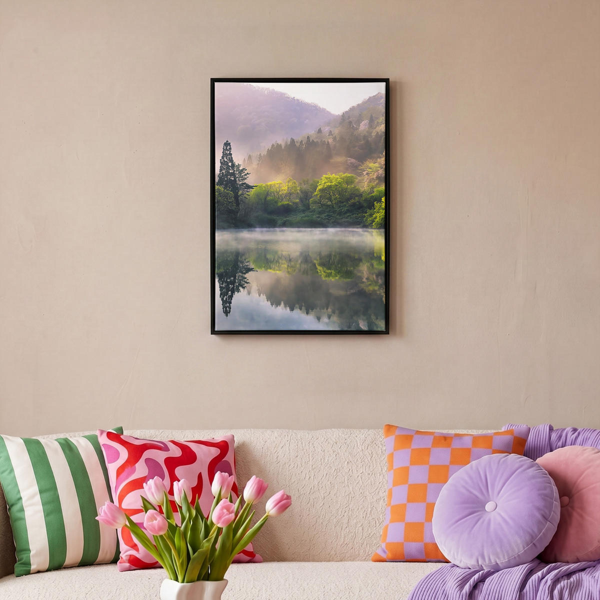LEINWAND Bilder mit Rahmen - Natur - Bäume - Berge - See - Wasser - 40x60 - Hellgrün, Textil (40/60cm) - MuchoWow