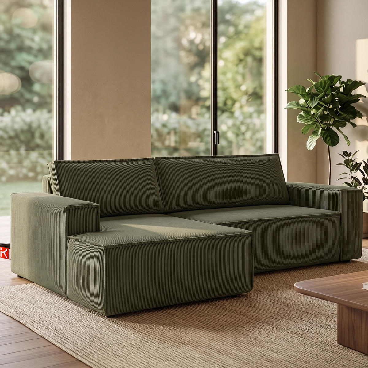 ECKSCHLAFSOFA-LINKS NAPI in Pet Friendly Cord-Stoff, oliv - Schwarz/Olivgrün, Textil (262/148cm) - KONSIMO®