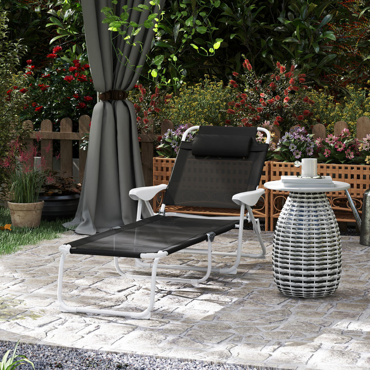 SONNENLIEGE mit Kissen Schwarz - Schwarz/Weiß, Textil/Metall (66/98/160cm) - Outsunny