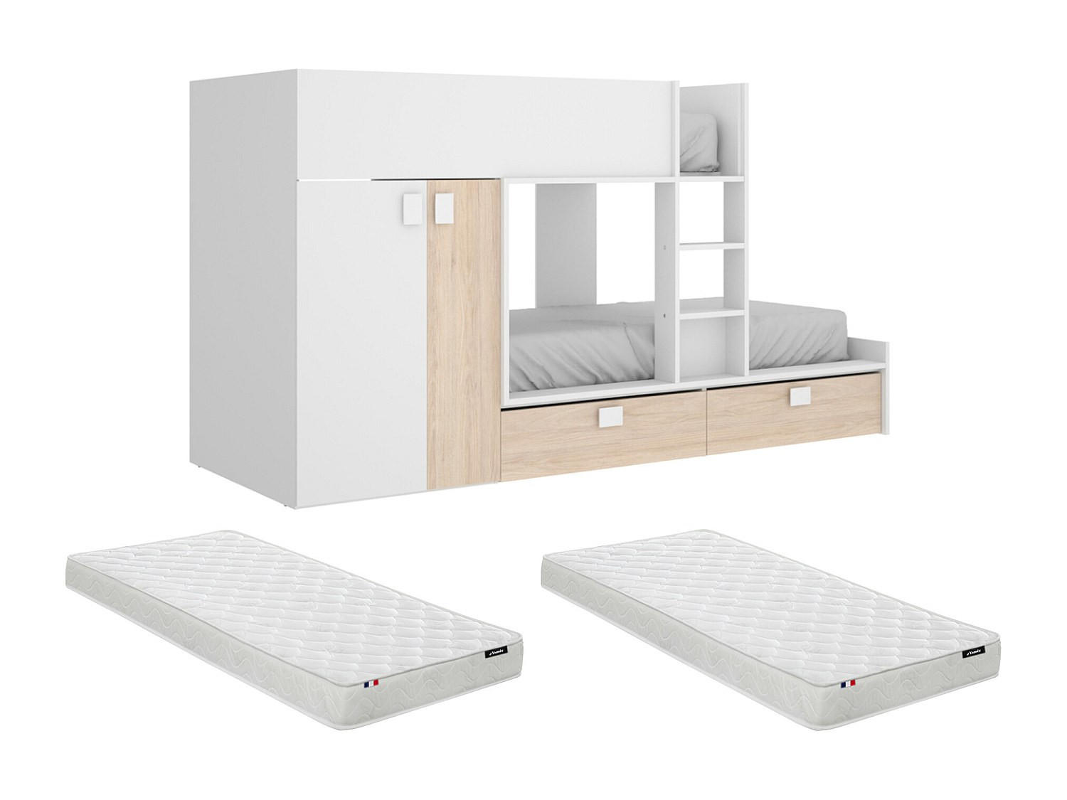 ETAGENBETT - 2 Personen - Holz, Platte - Naturfarben Hell, Weiß - - Naturfarben/Weiß, Holz (90/190cm) - Vente-Unique
