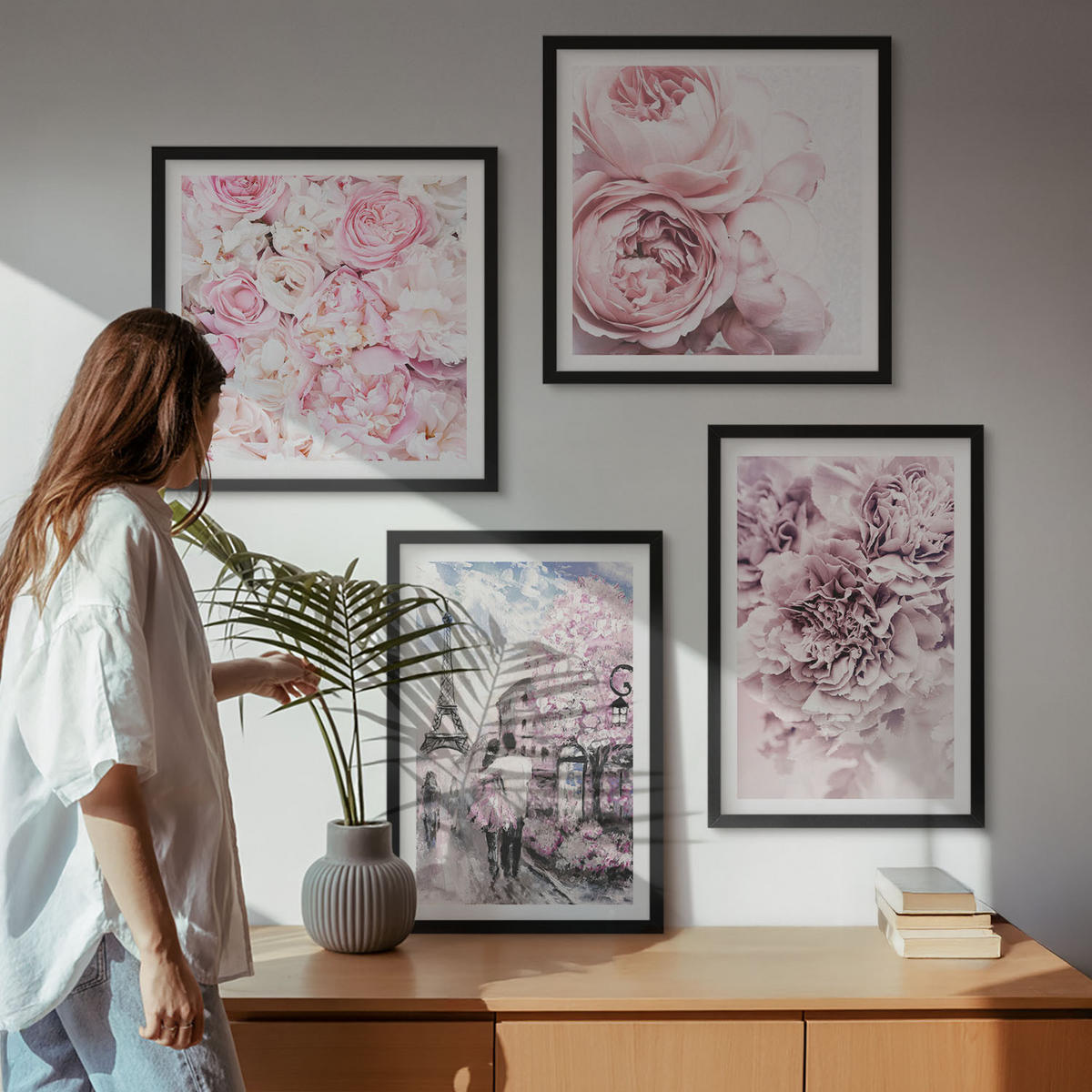 WANDBILDER 4er-Set - 50x50 cm & 40x60 cm Schwarzer Rahmen - Rosa Blumen, romantische Landschaft - Schwarz, Kunststoff (50/50cm) - ArtPrintCave