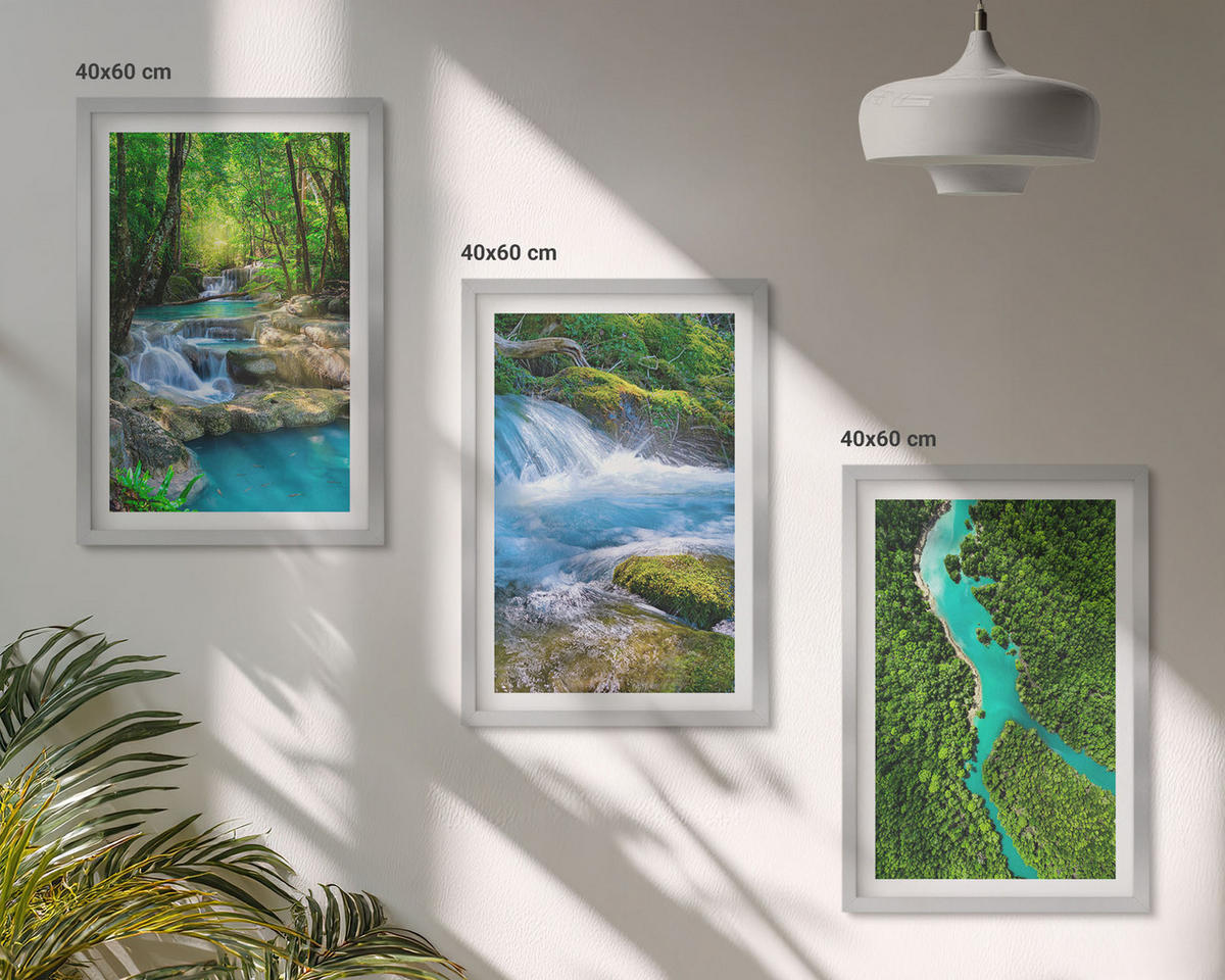 WANDBILDER 3er Set - 40x60 cm Silberner Rahmen - Grüne Wälder, kristallklares Wasser - Silberfarben, Kunststoff (40/60cm) - ArtPrintCave