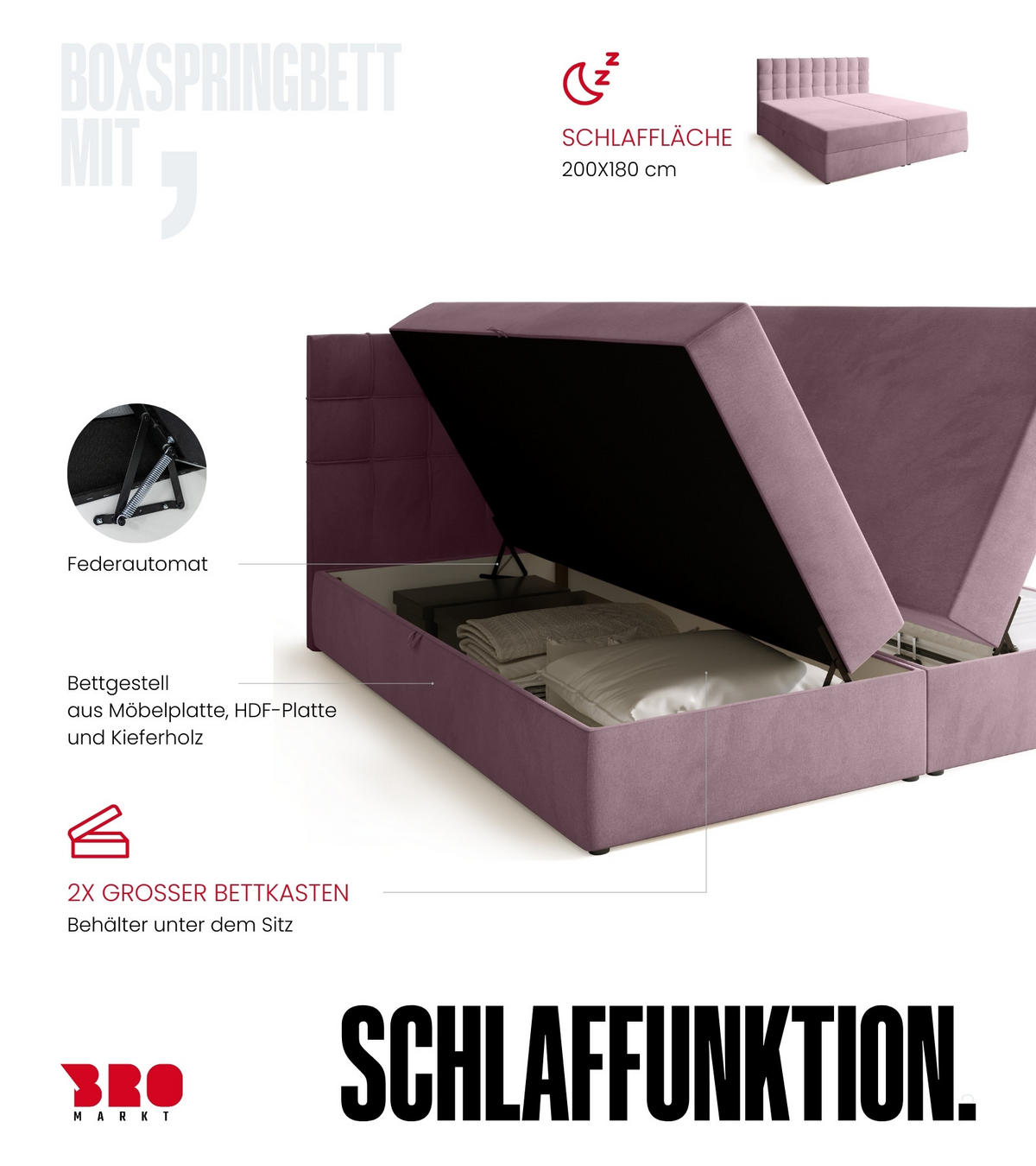 BOXBETT Detroit mit Topper 180/200 Rosa - Rosa, Holzwerkstoff/Textil (180/200cm) - Bromarkt