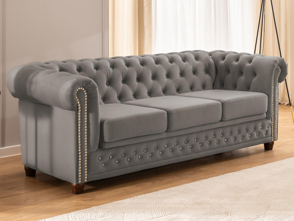 CHESTERFIELD-SOFA 3-Sitzer mit Schlaffunktion Cleo Blink Grau Samt mit Kristallsteppung und braunen Massivholzfüßen - Braun/Grau, Holz/Textil (203/72/86cm) - S-Style Möbel