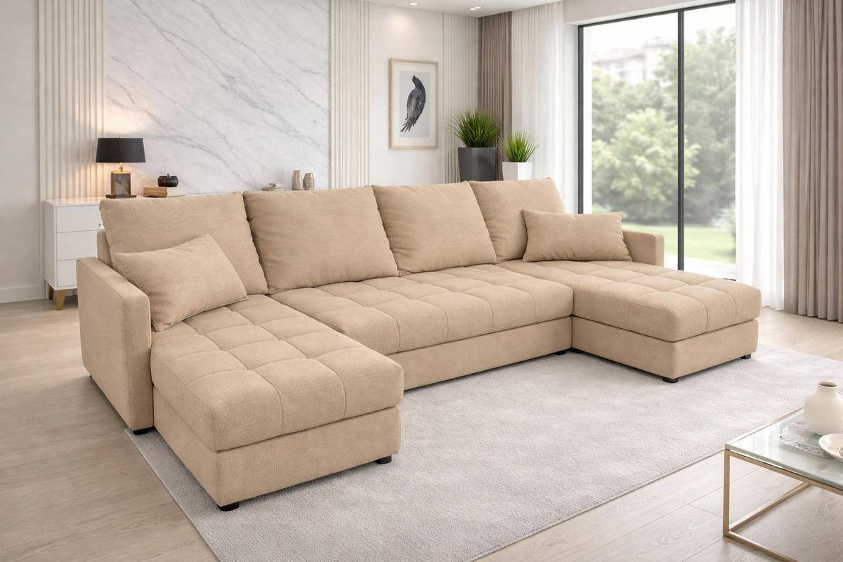 WOHNLANDSCHAFT AURELIA – Ecksofa in U-Form mit Schlaffunktion, Bettkasten & Kissen Stoff KRONOS 287 cm Creme - Creme, Kunststoff (287/140cm) - Wohnideebilder
