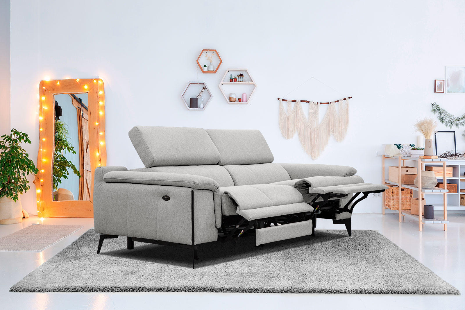 RELAXSOFA MATERA 3-Sitzer mit 2 Relaxfunktionen, hellgrau - Hellgrau/Schwarz, Holzwerkstoff/Textil (212/82/103cm) - Courtois Laville