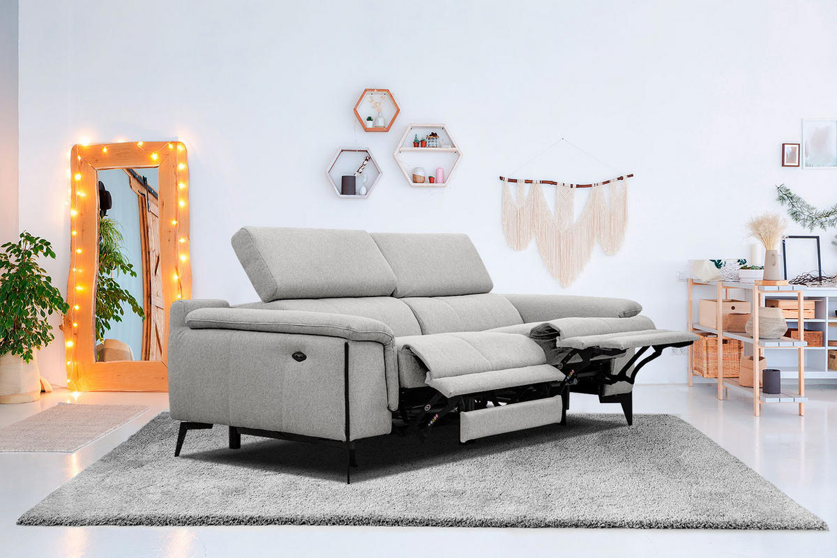 RELAXSOFA MATERA 3-Sitzer mit 2 Relaxfunktionen, hellgrau - Hellgrau/Schwarz, Holzwerkstoff/Textil (212/82/103cm) - Courtois Laville