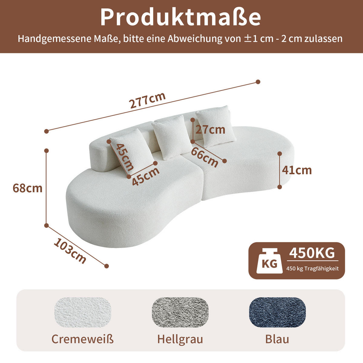 ECKSOFA 277/103/68 cm weiß aus Samtstoff, modularer 3-Sitzer - Weiß, Textil (103/277cm) - OKWISH