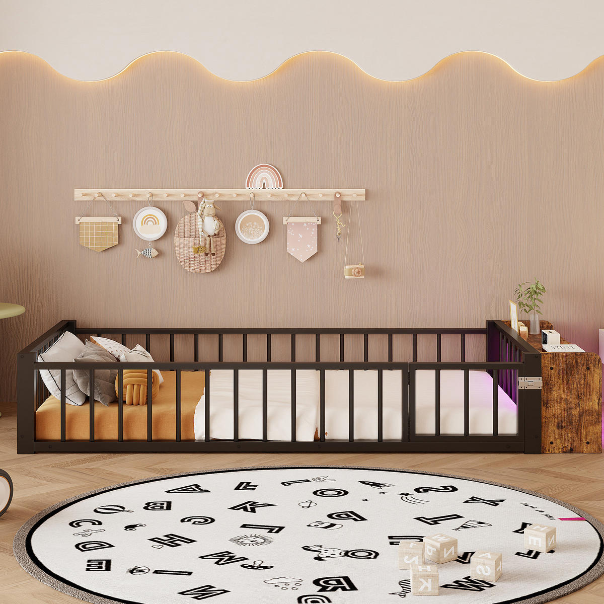 KINDERBETT 90/200 cm schwarz aus Metall und MDF mit Schutzgitter - Schwarz, Holzwerkstoff (90/200cm) - OKWISH
