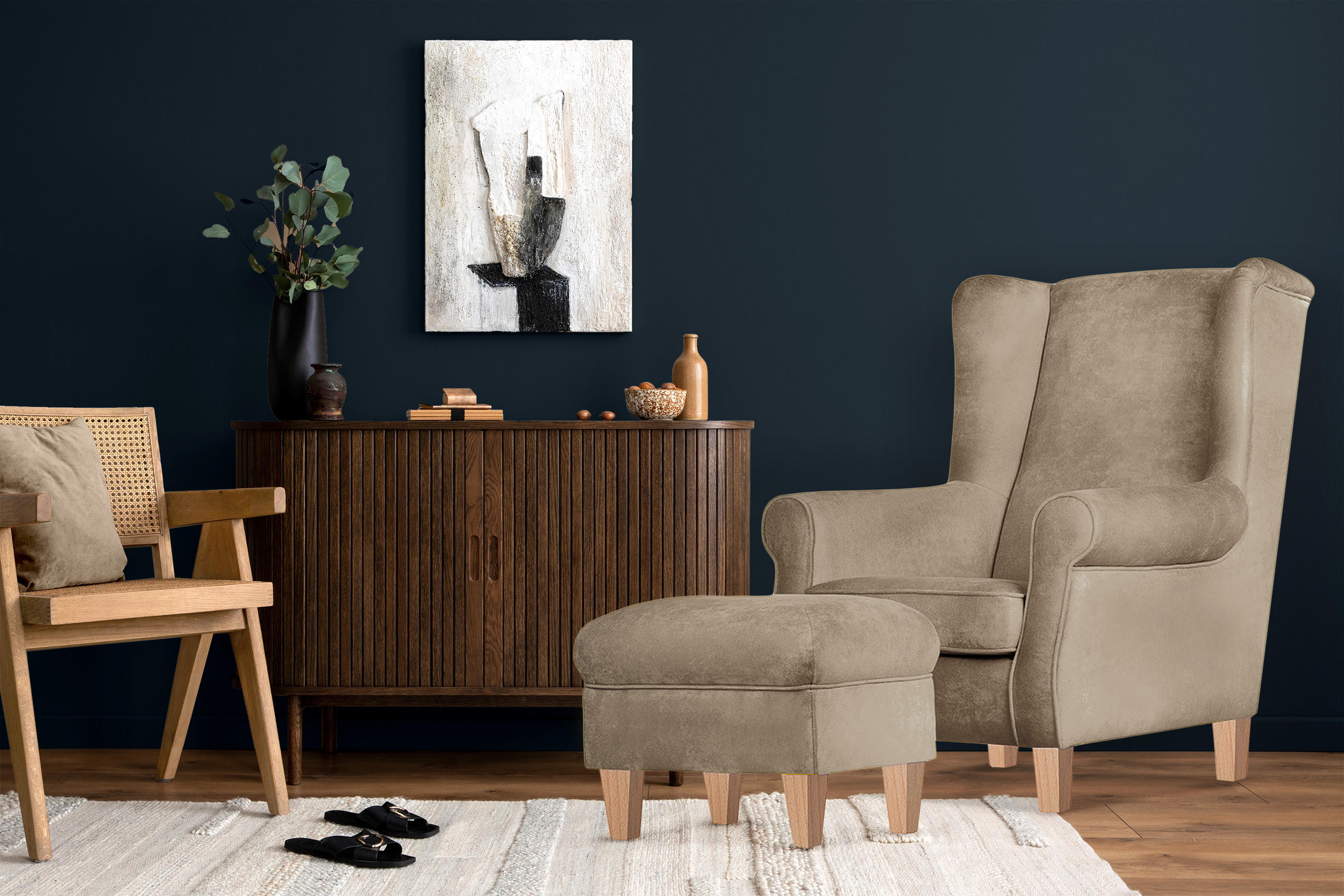 Thumbnail - Konsimo® Ohrensessel-Set, Beige, Eiche, Holzwerkstoff, Rechteckig, 82x105x97 cm, Hergestellt in Europa, Wohnzimmer, Sess...