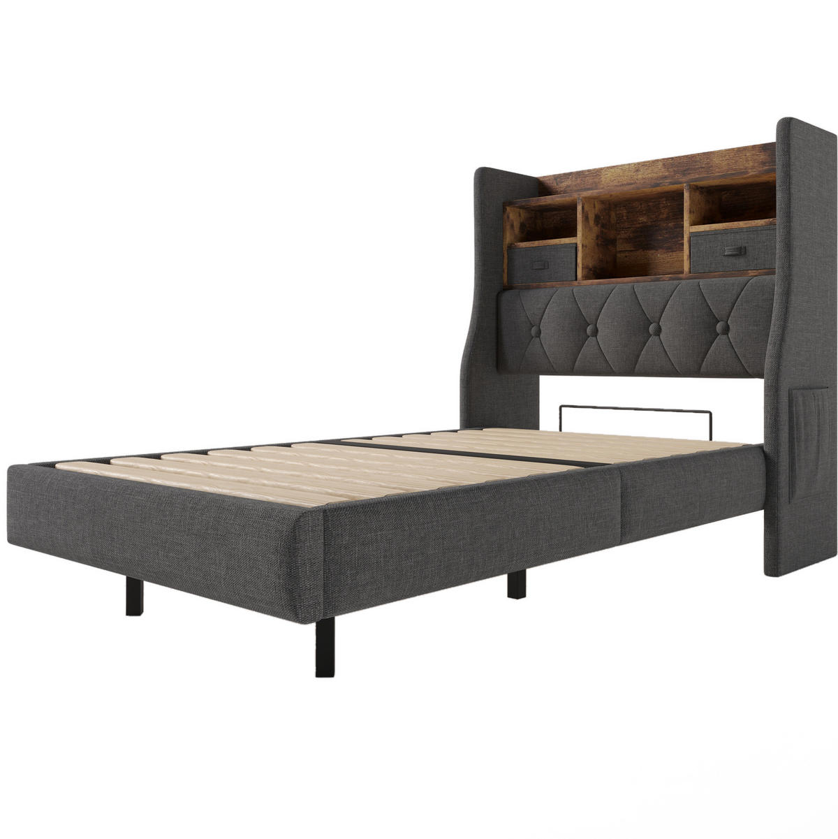 POLSTERBETT 90/200 cm Grau aus Leinen mit LED und Ladestation - Grau, Textil (90/200cm) - OKMYHOME