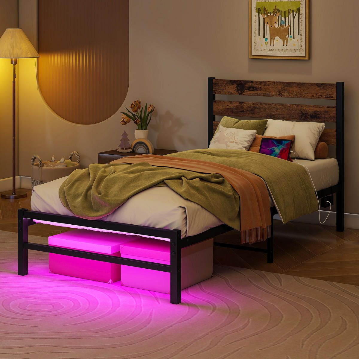 METALLBETT 120/200 cm in Antikbraun mit LED und USB - Schwarz, Holzwerkstoff/Metall (90/200cm) - WISHDOR
