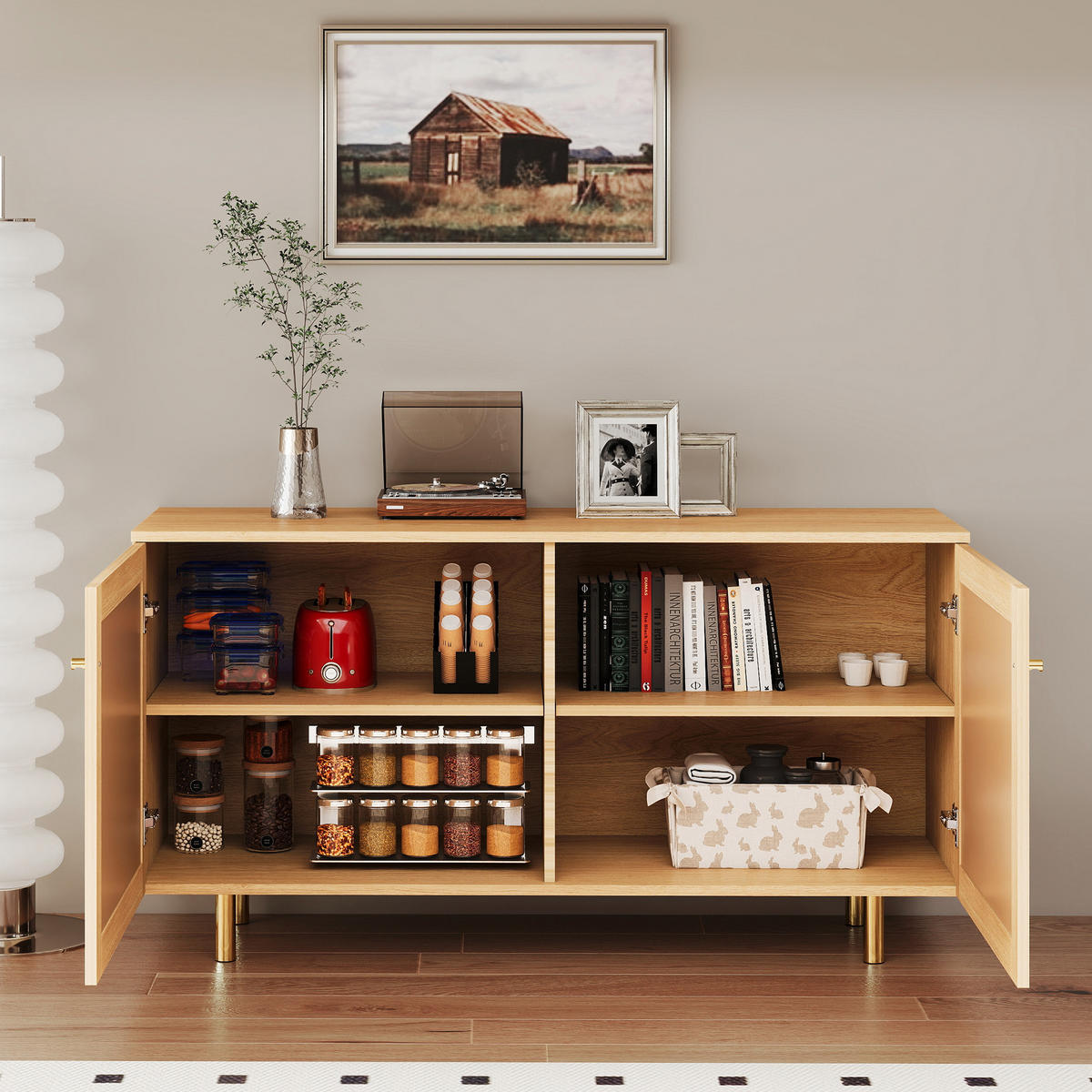SIDEBOARD 120/40/63 cm mit Rattantüren in Naturholzoptik - Naturfarben, Holzwerkstoff (120/63/40cm) - BEAOK