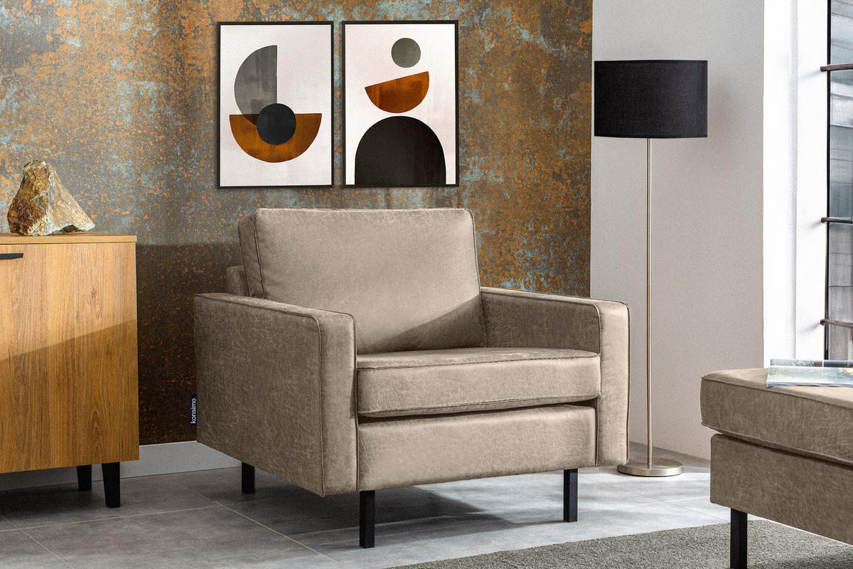 SESSEL INVIA mit Armlehnen auf hohen Metallbeinen vintage, Lederoptik-Stoff, Hellgrau - Hellgrau/Schwarz, Textil (98/87/98cm) - KONSIMO®