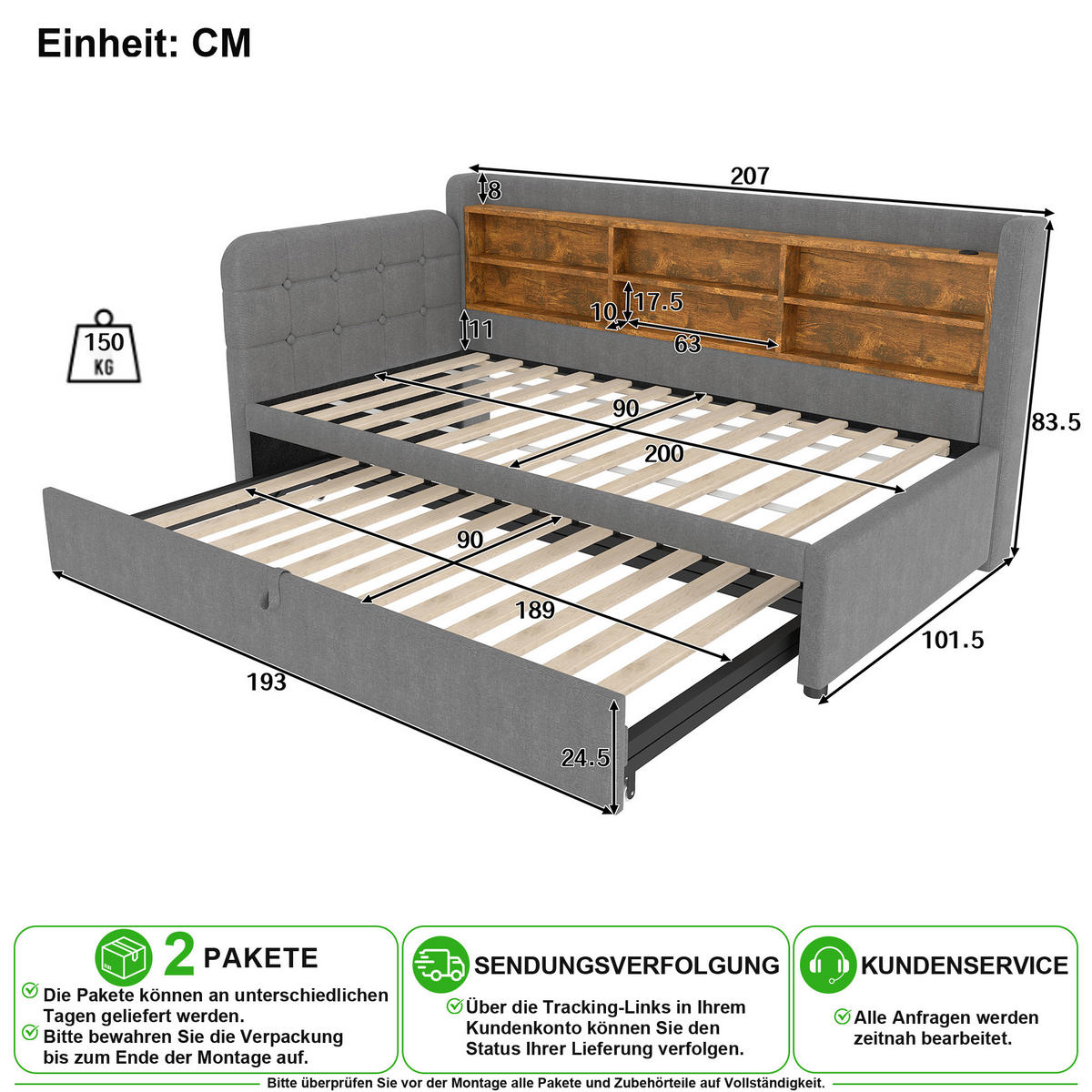 SCHLAFSOFA 90/200 cm & 90/189 cm in Grau mit Ausziehbett, USB, Type-C und Ablagen - Grau, Holzwerkstoff/Textil (90/200cm) - CHICFURN