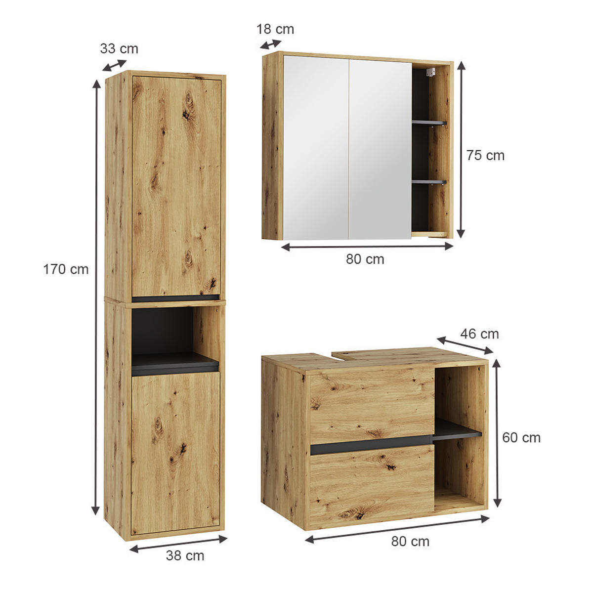 SADA KOUPELNOVÉHO NÁBYTKU Viola Artisan/šedá - šedá/světle šedá, kompozitní dřevo (80/60/46cm) - Vicco