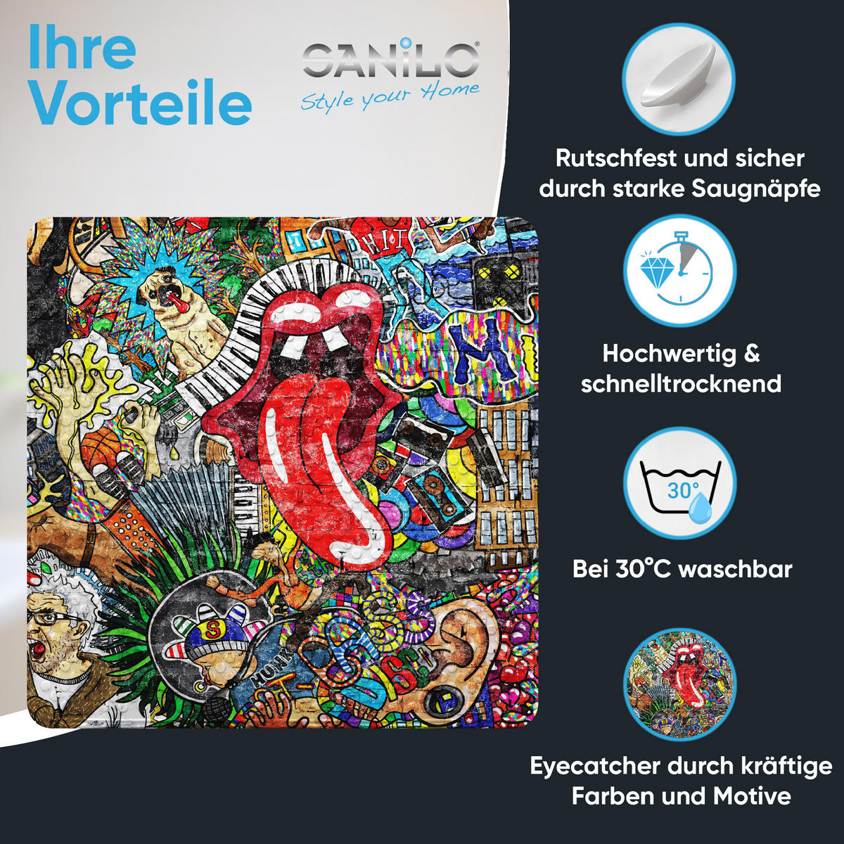 BADEMATTE Graffiti - Rot, Kunststoff (53/53cm) - Sanilo