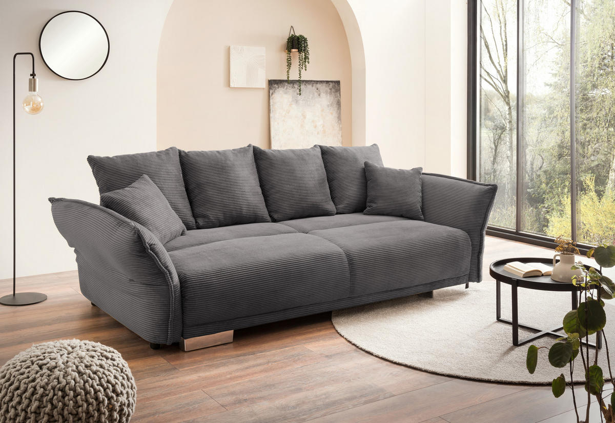 BIG-SOFA mit Schlaffunktion 242/131/90 cm Federkern, verstellbare Armlehnen, Bettkasten, Liegefläche 168x199 cm, Cord Grau Anthrazit / 17214 - Chromfarben/Anthrazit, Kunststoff/Textil (242/90/131cm) - luma-home
