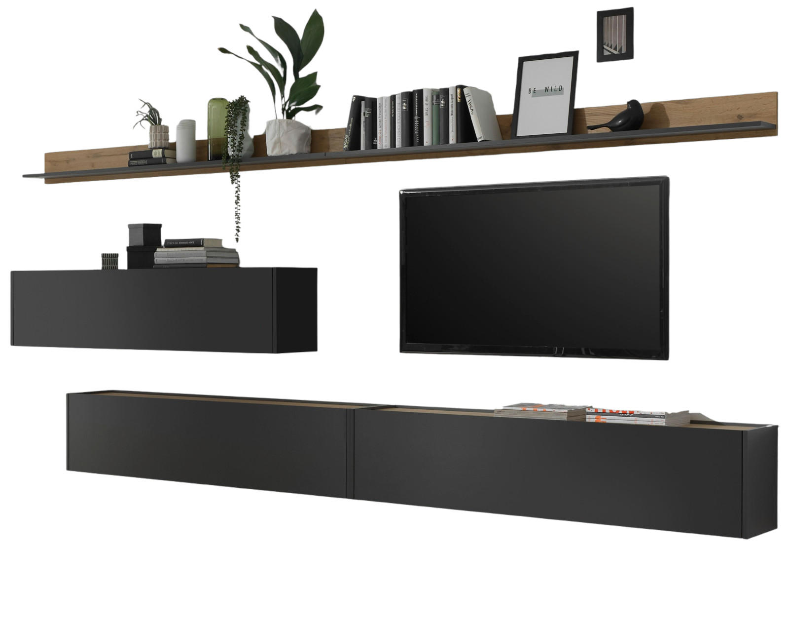 WOHNWAND 5-teilig grau matt, Eiche Wotan 340 cm, Schrankwand hängend - Eiche Wotan/Grau, Holz/Holzwerkstoff (340/180/30cm) - Furn.Design