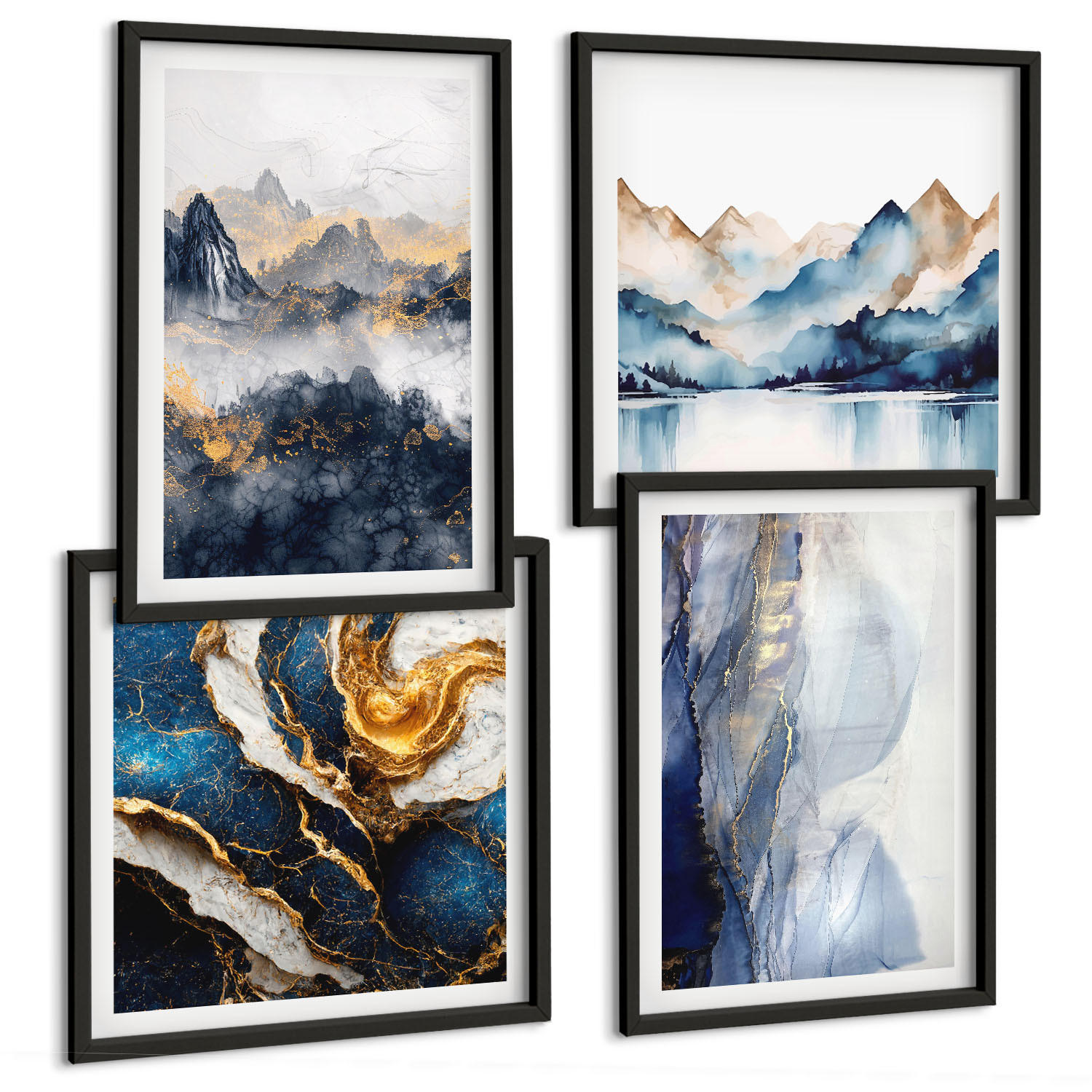 BILDER SET 4er Set - 50x50 cm & 40x60 cm Schwarzer Rahmen - Blaue Berglandschaften - Schwarz, Kunststoff (50/50cm) - TULUP
