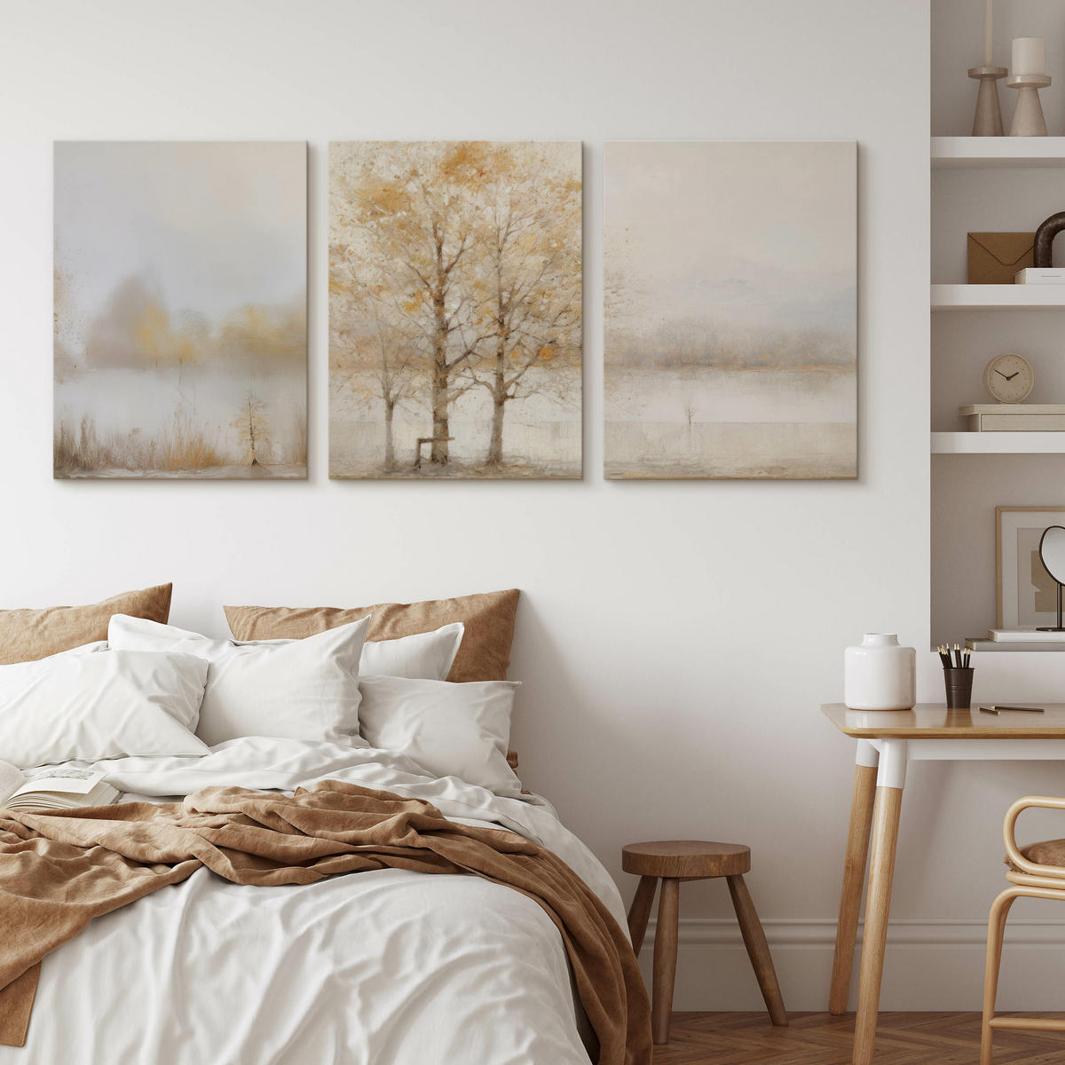 LEINWANDBILDER 3-es Set Baum Malarei - Beige/Weiß, Textil (90/40cm) - Muralo