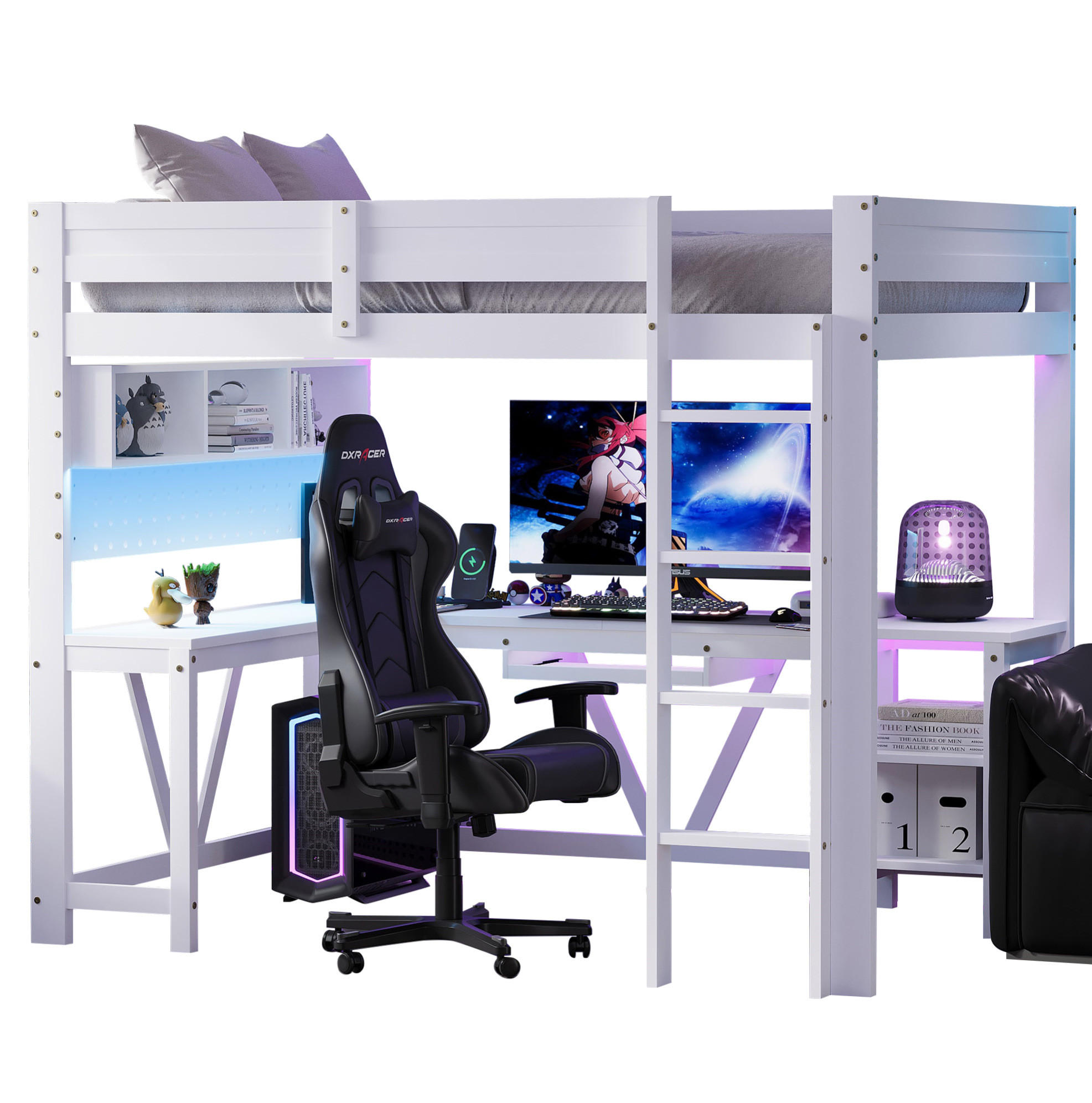 HOCHBETT 90/200 cm aus Kiefer und MDF mit Schreibtisch, LED-Beleuchtung und Ladestation Weiß - Weiß, Holzwerkstoff (90/200cm) - Modenvie