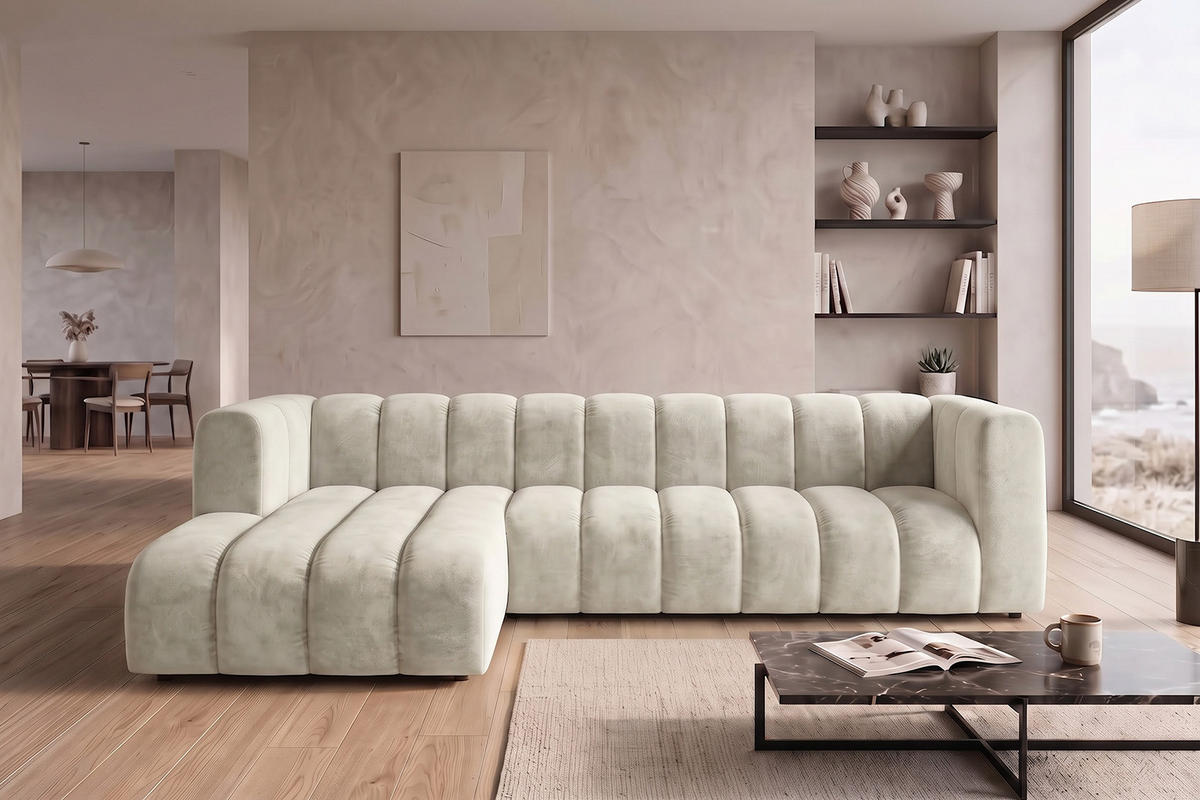 ECKSOFA Modulares In L-Form, Velvet-Stoff Riviera, Ecru, Links, GRAND 318 cm - Creme, Holz (318/179cm) - Kaiser Möbel
