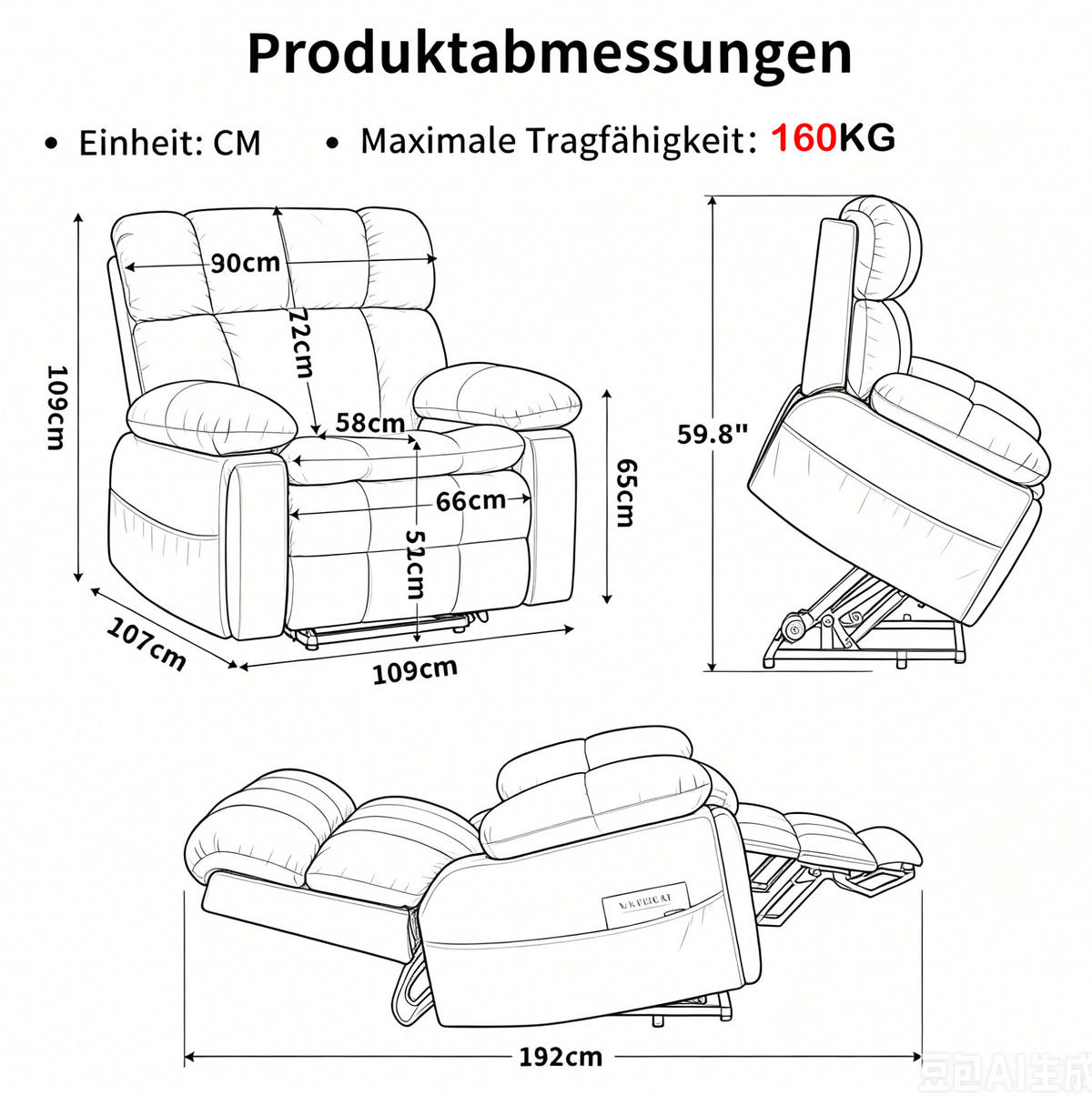 ELEKTRISCHER Fernsehsessel in Braun 107x109x109 cm mit Aufstehhilfe, Massage und Heizung - Braun, Textil (109/109/107cm) - IVMEU