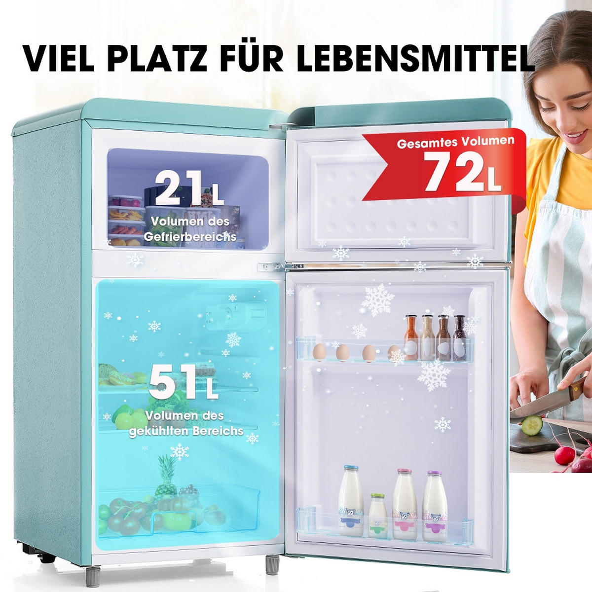 KÜHL-GEFRIER-KOMBINATION MIT GEFRIERFACH, Doppeltür, Cyan, 46/89/45 cm - Türkis, Metall (51/50/95.8cm) - Rolipo