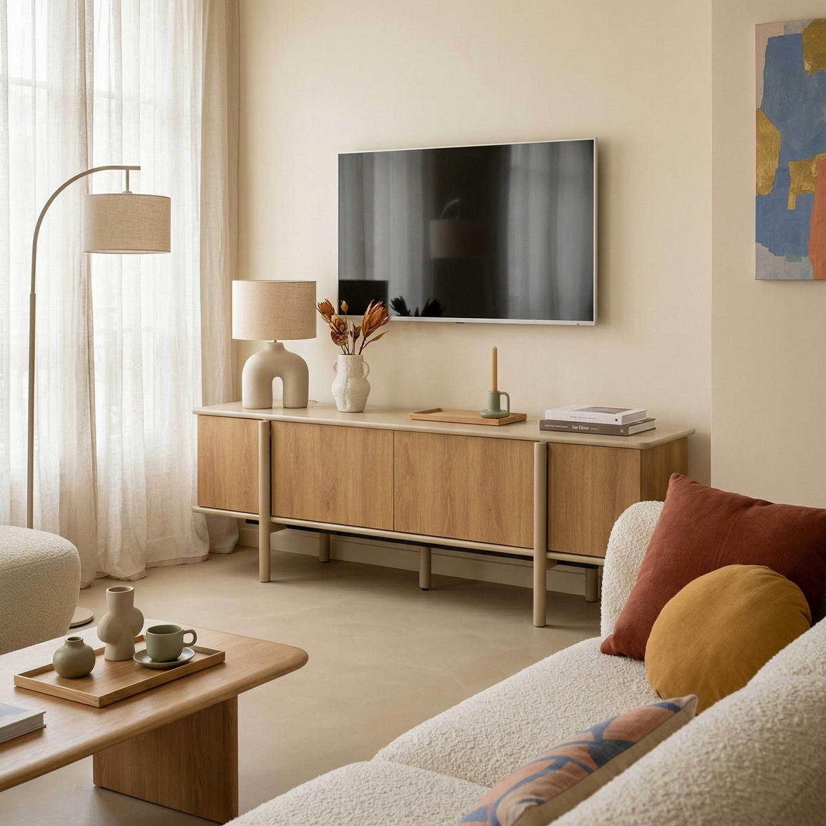 TV-MÖBEL mit 4 Türen, Beige - Beige, Holz (180/55/40cm) - Oviala