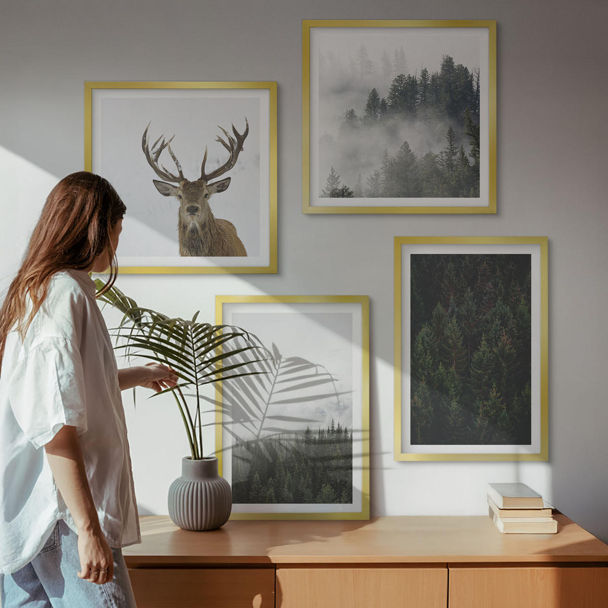 WANDBILDER 4er Set - 50x50 cm & 40x60 cm Goldrahmen - Grüne Wälder, neblige Landschaft - Goldfarben, Kunststoff (50/50cm) - ArtPrintCave